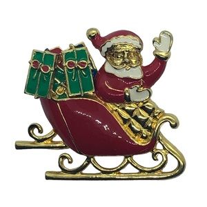 Santa Christmas Broach Sleigh Presents Earrings Gold Tone Enameled Red Green